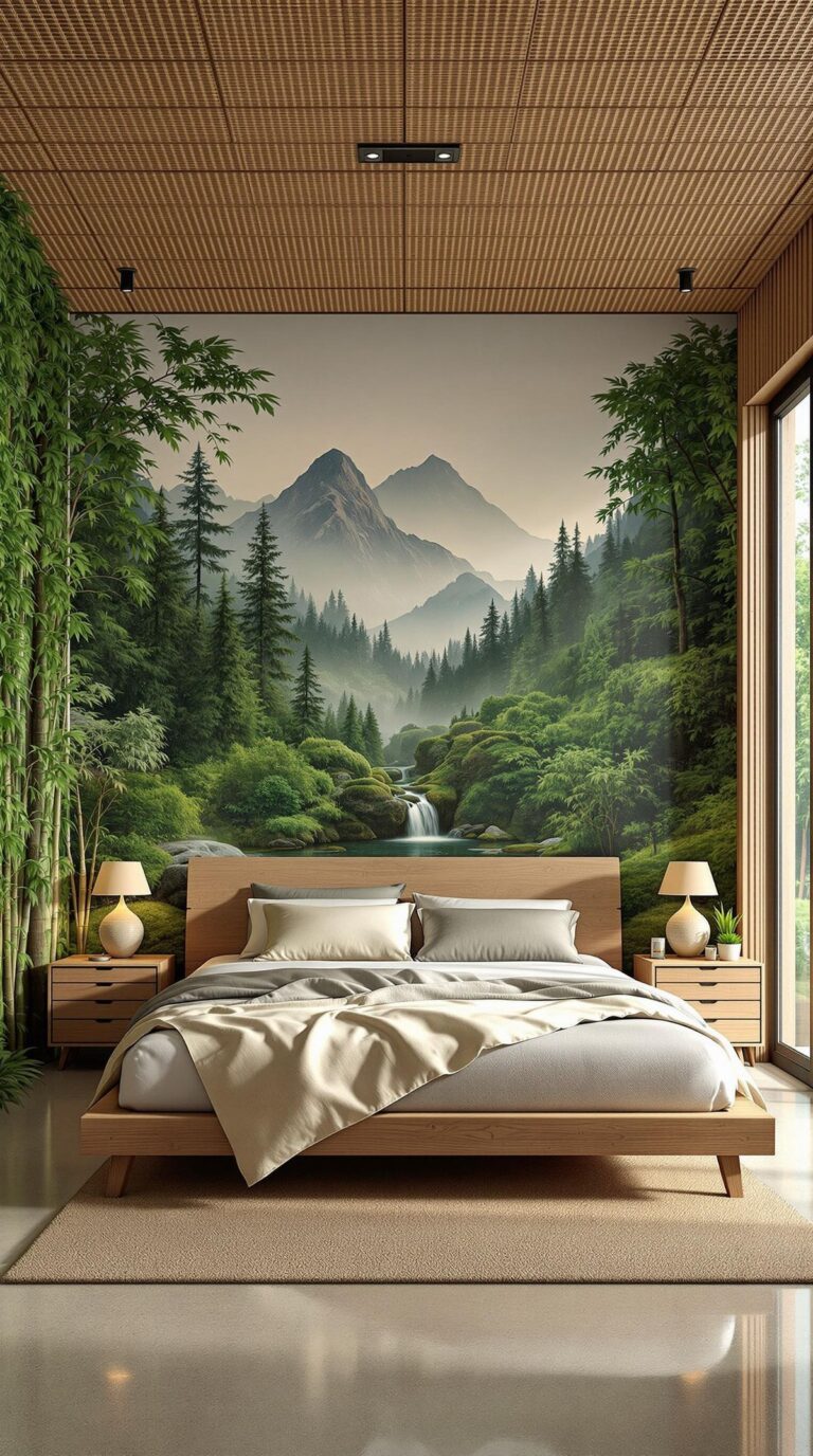 Substantial solid wood bed frame against a muted sage green monochromatic accent wall in a luxury bedroom