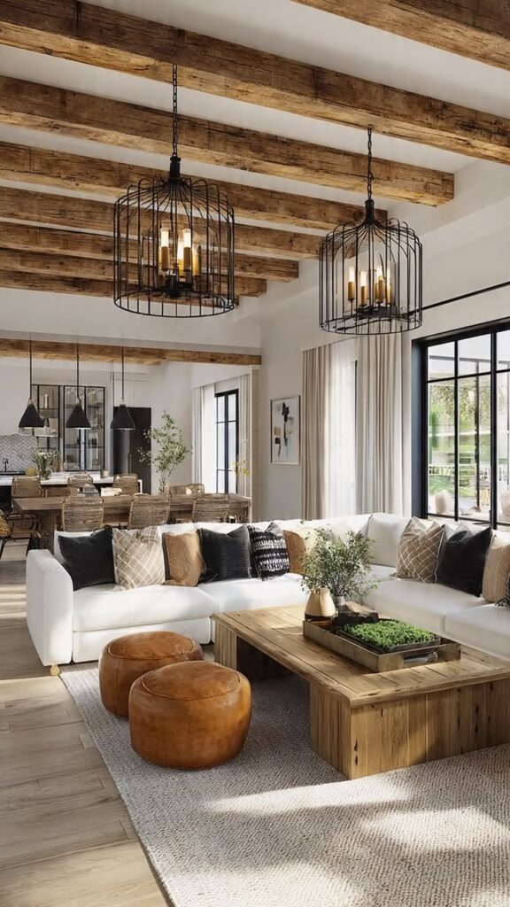 Luxury wooden home decor trend in an open-concept architectural living room with mixed wood tones and exposed natural timber ceiling beams.
