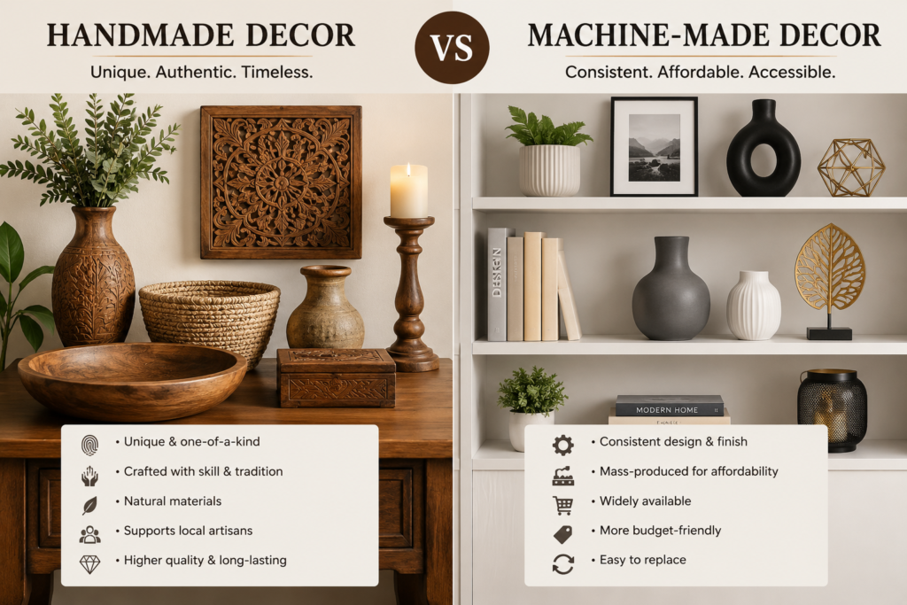 Handmade vs machine made decor comparison in a luxury modern living room