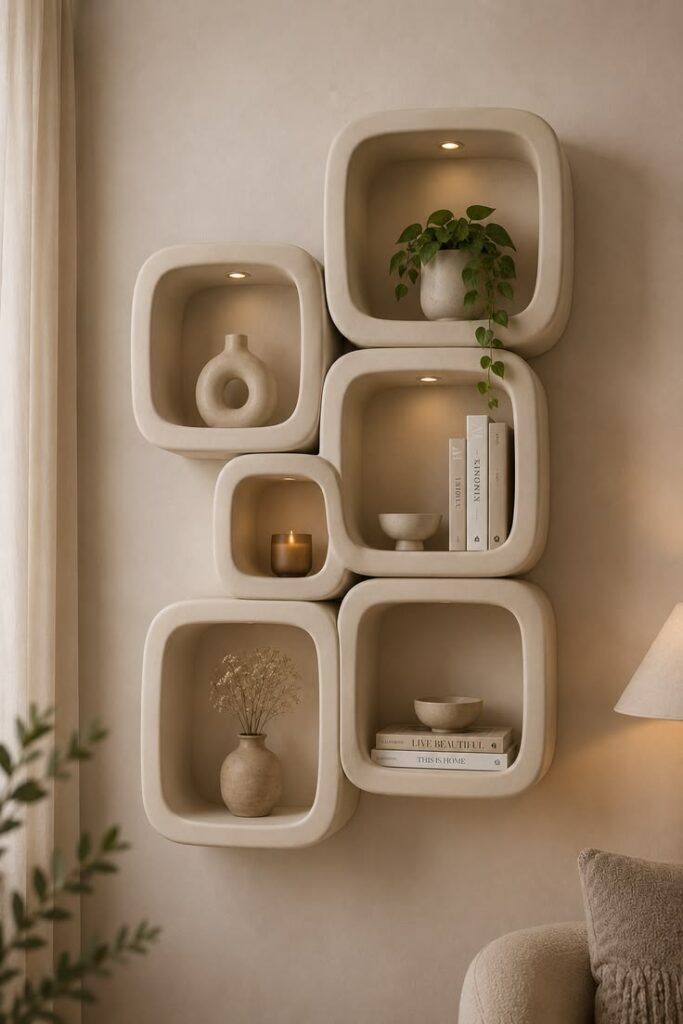 Modern machine-made decor displayed on shelves in a minimalist home.