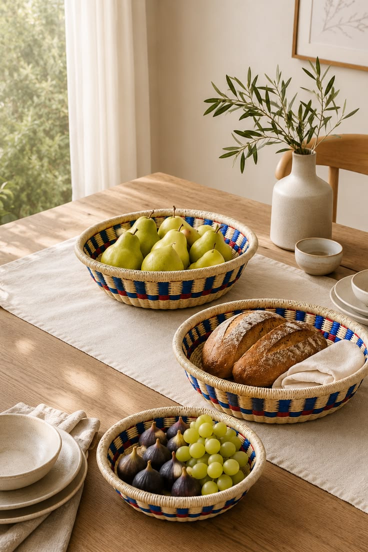 Handcrafted wooden tray, ceramic vase, and woven basket for home decor