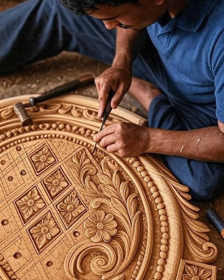 Close-up of a handcrafted wooden decor item highlighting fine craftsmanship